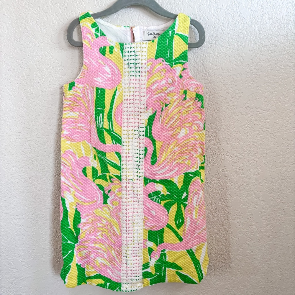 Lily Pulitzer Dress GIRLS Fan Dance size 6 XS flamingo floral lace shift mommy
